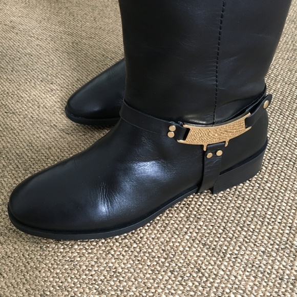 Zara Shoes Zara Tall Leather Riding Boots Black 9 Gold Buckle